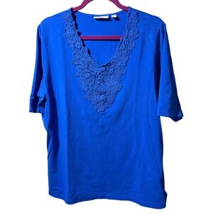 Susan Graver Royal Blue Crochet Lace VNeck Top Elbow Sleeve Plus 1X Cotton Blend